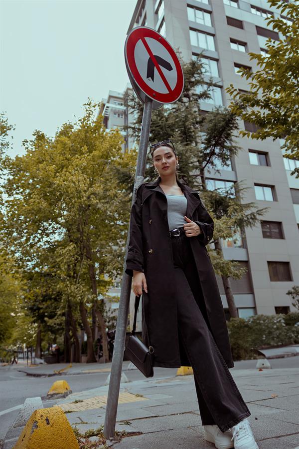 Oversize Kemerli Trençkot - SİYAH