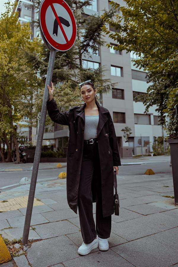 Oversize Kemerli Trençkot - SİYAH