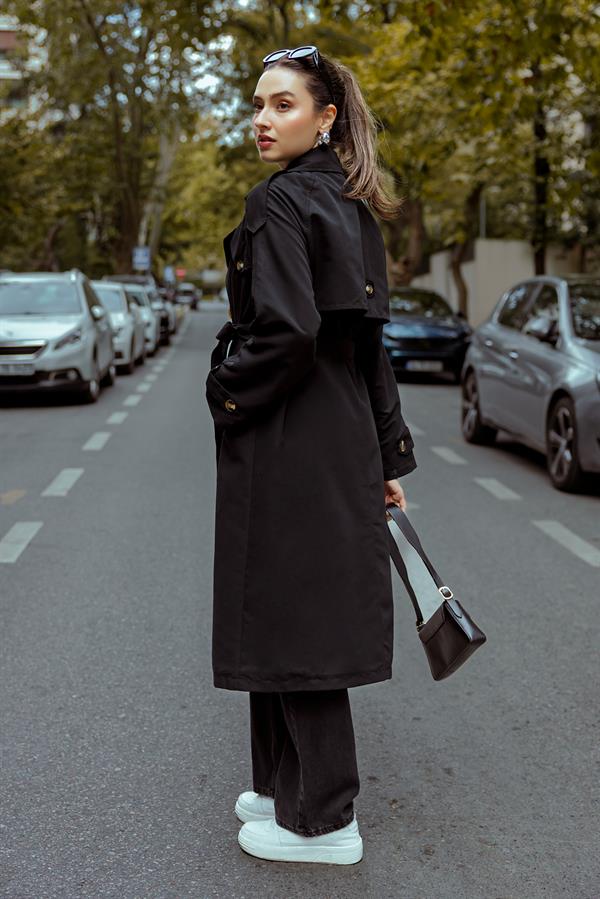 Oversize Kemerli Trençkot - SİYAH