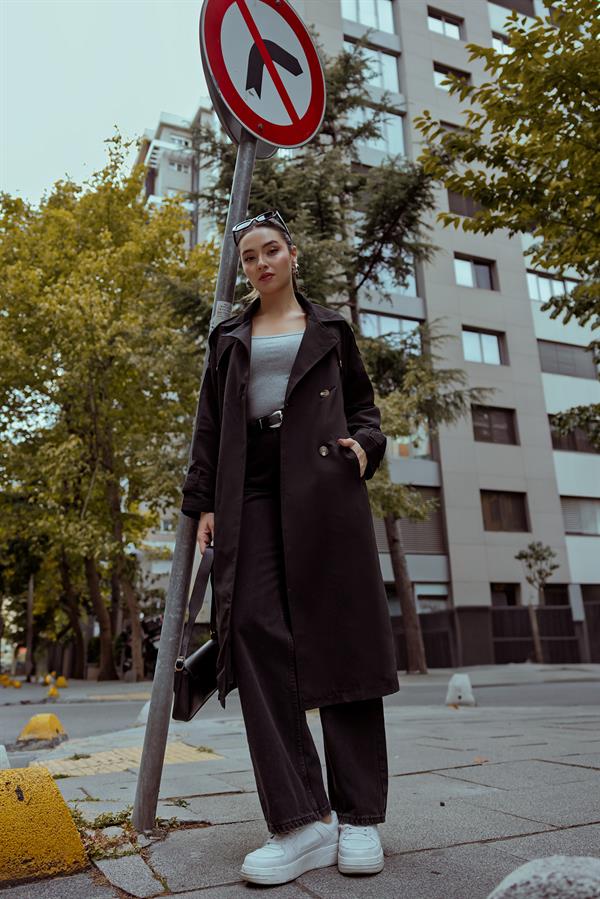 Oversize Kemerli Trençkot - SİYAH