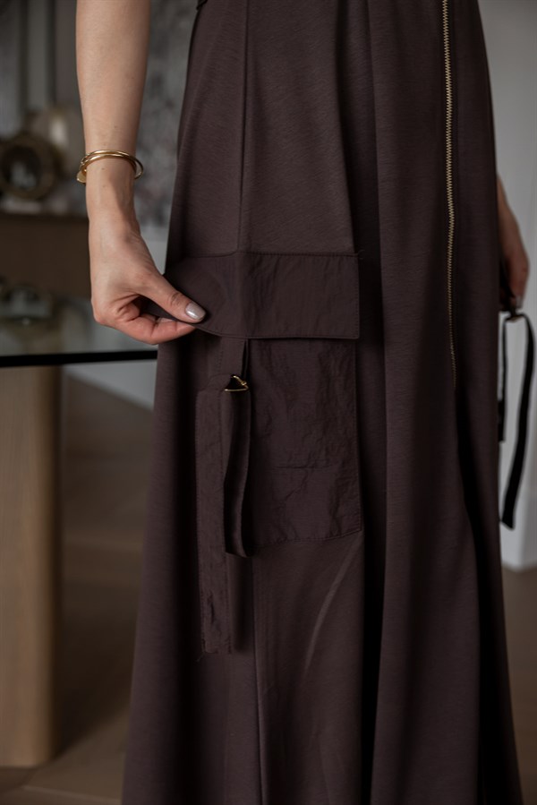 Paraşüt Garnili Elbise - KAHVERENGİ