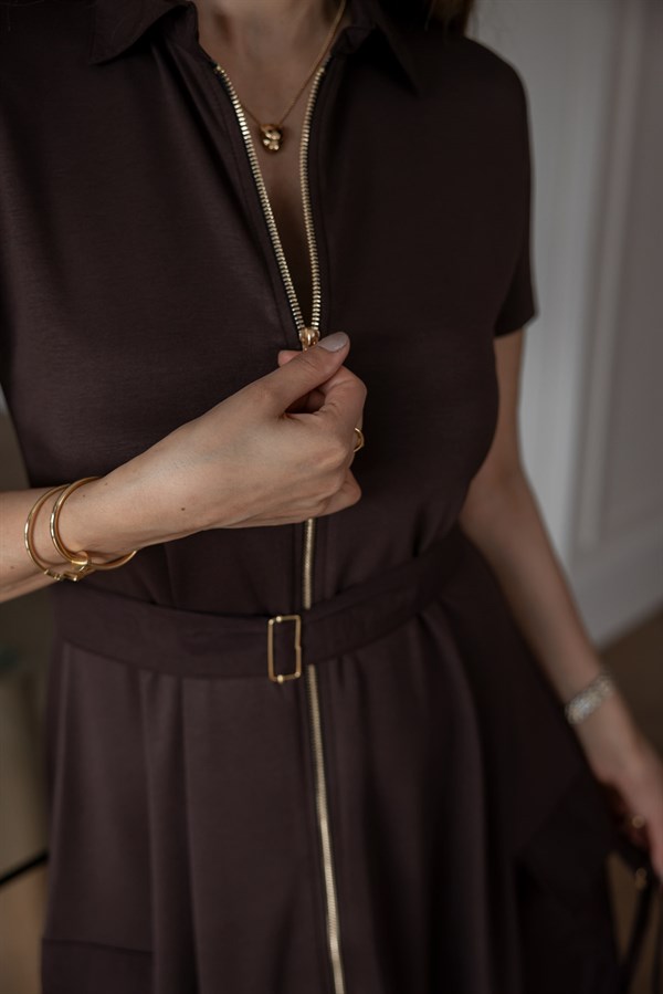 Paraşüt Garnili Elbise - KAHVERENGİ