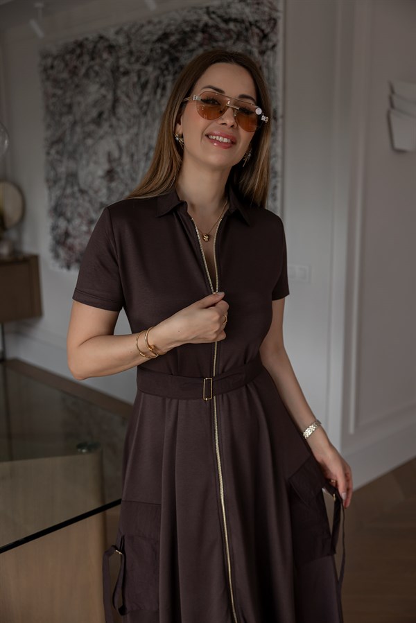 Paraşüt Garnili Elbise - KAHVERENGİ