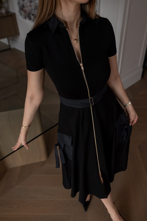 Paraşüt Garnili Elbise - SİYAH