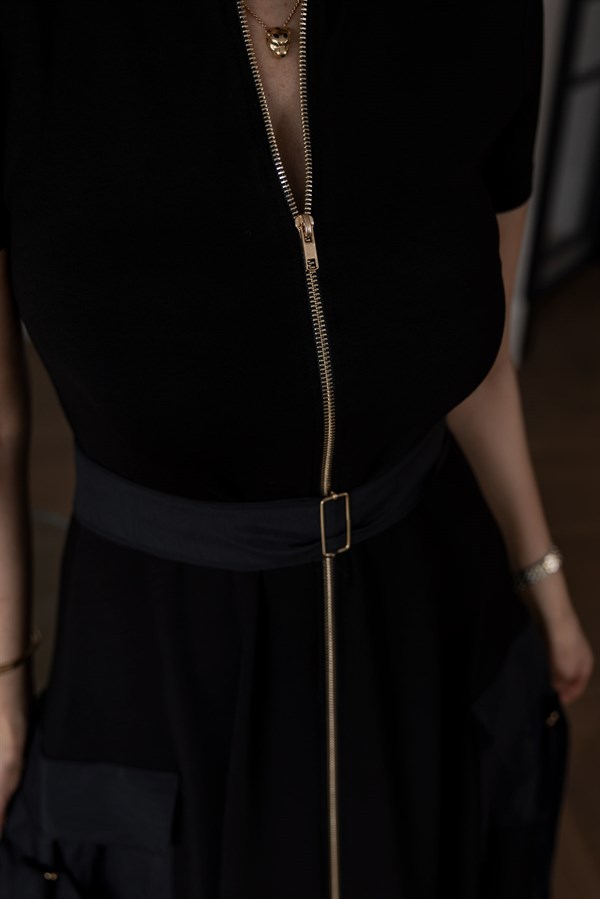 Paraşüt Garnili Elbise - SİYAH