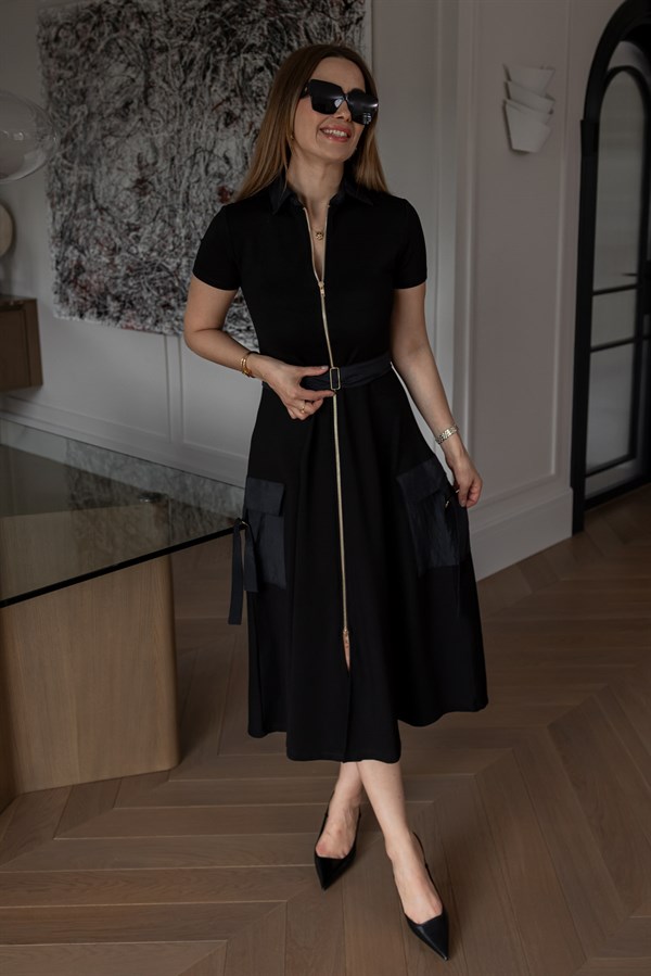 Paraşüt Garnili Elbise - SİYAH