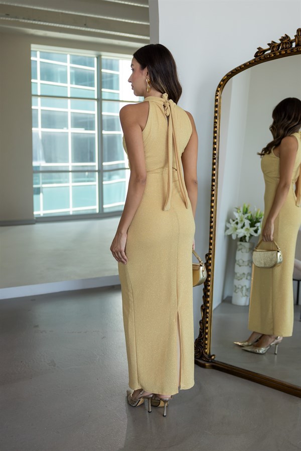 Parıltı Detaylı Halter Yaka Elbise - SARI
