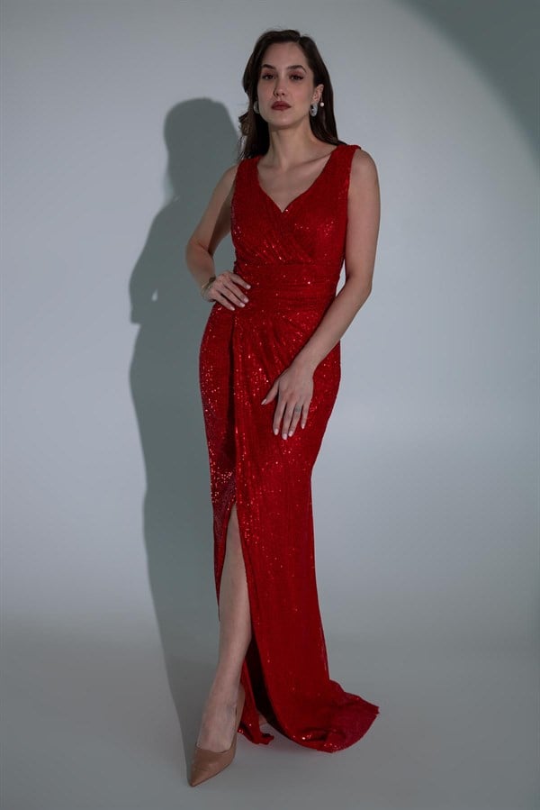 Payetli Anvelop Abiye - KIRMIZI