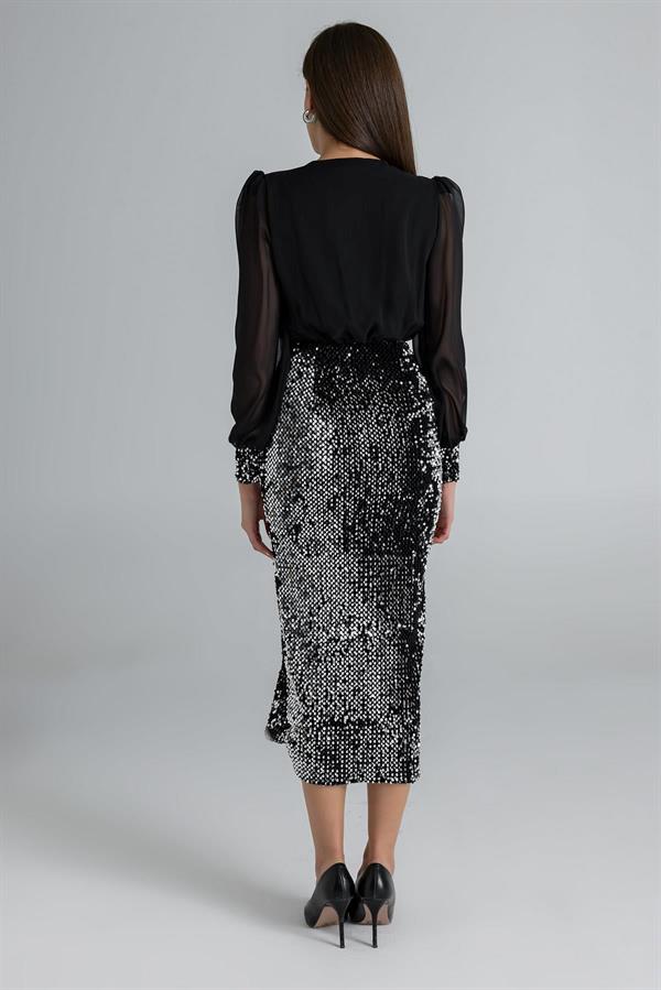 Payetli Gece Elbisesi - GÜMÜŞ