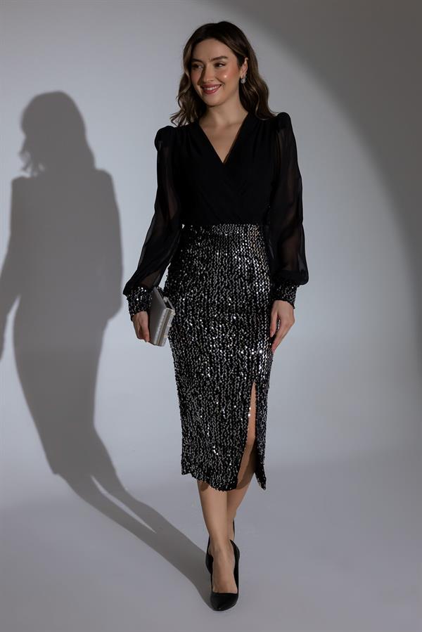 Payetli Gece Elbisesi - GÜMÜŞ