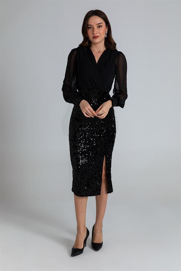 Payetli Gece Elbisesi - SİYAH