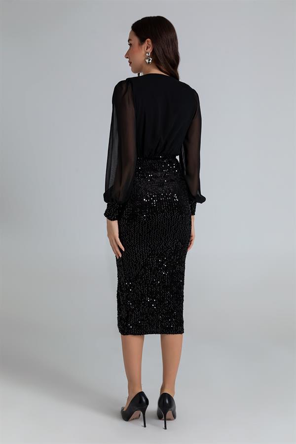 Payetli Gece Elbisesi - SİYAH