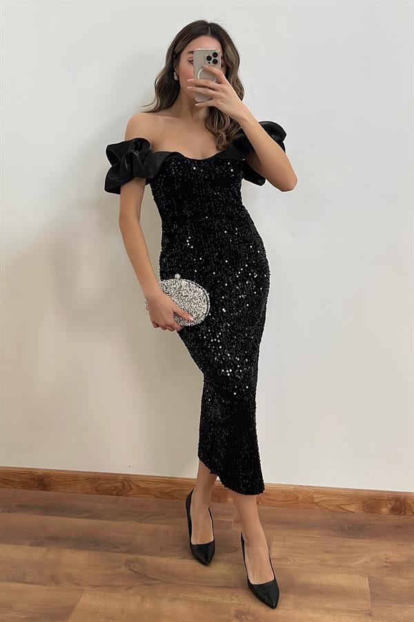 Payetli Kalem Elbise - SİYAH