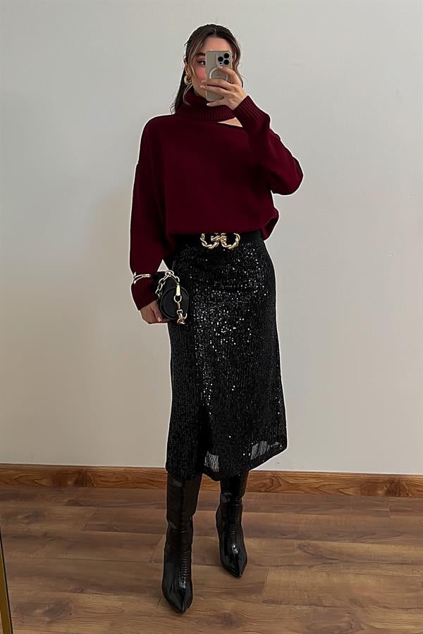 Payetli Midi Boy Etek - SİYAH