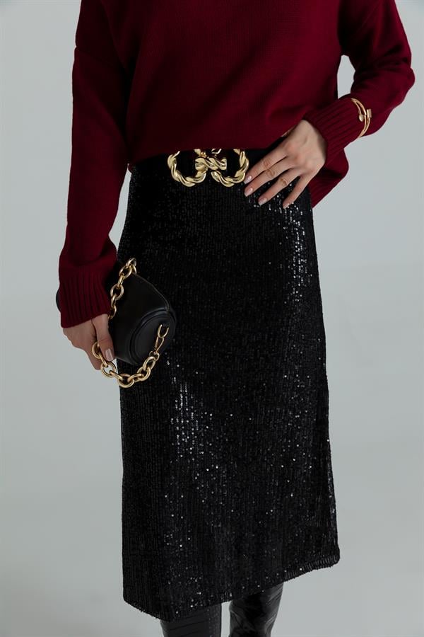 Payetli Midi Boy Etek - SİYAH