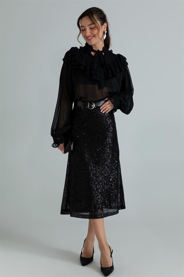 Payetli Midi Boy Etek - SİYAH