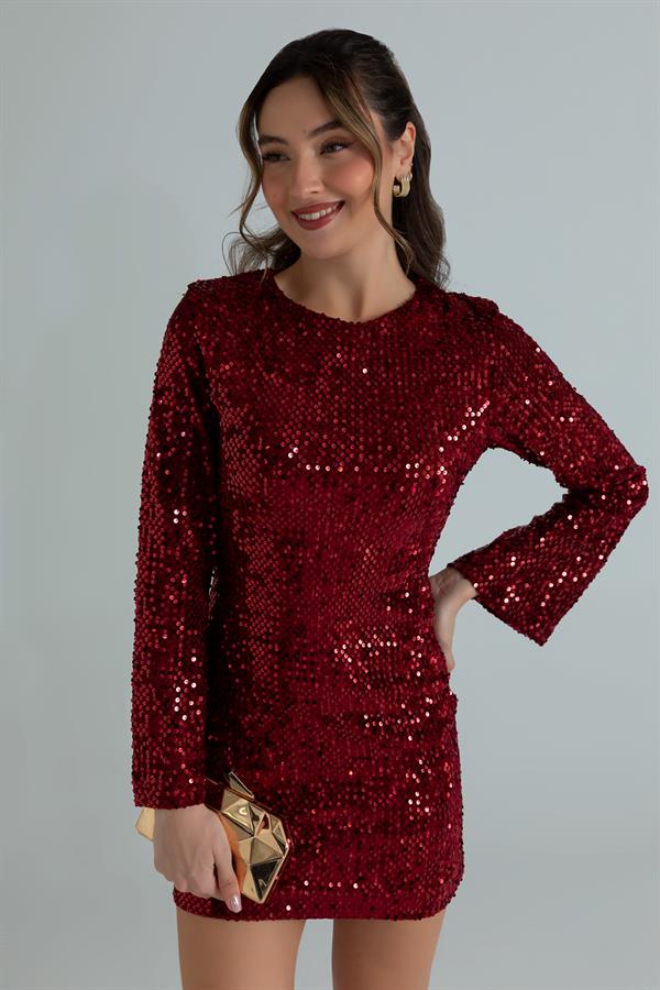 Payetli Mini Elbise - BORDO