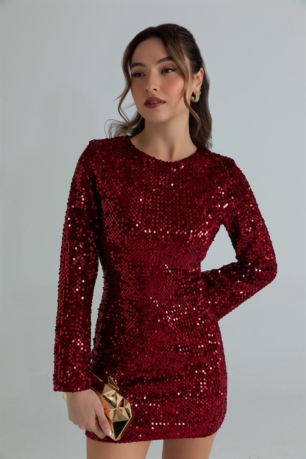 Payetli Mini Elbise - BORDO
