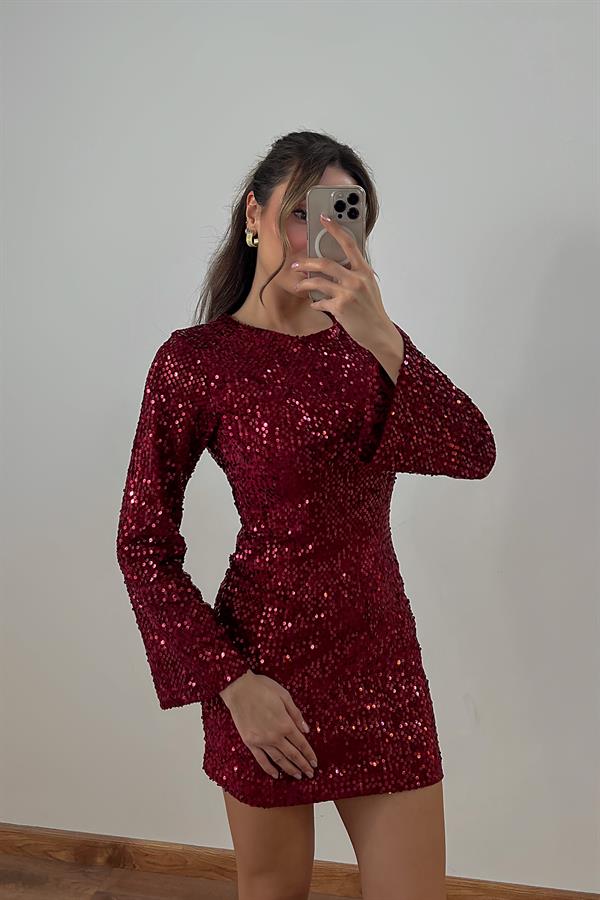 Payetli Mini Elbise - BORDO