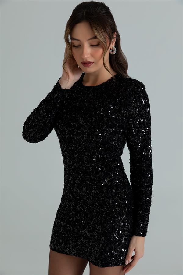Payetli Mini Elbise - SİYAH