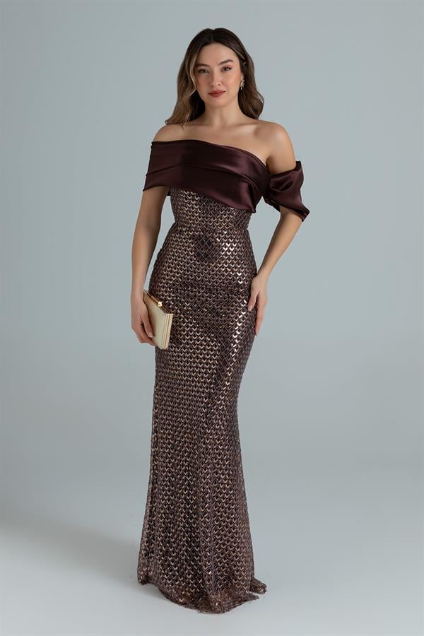 Payetli Tasarım Abiye - KAHVERENGİ