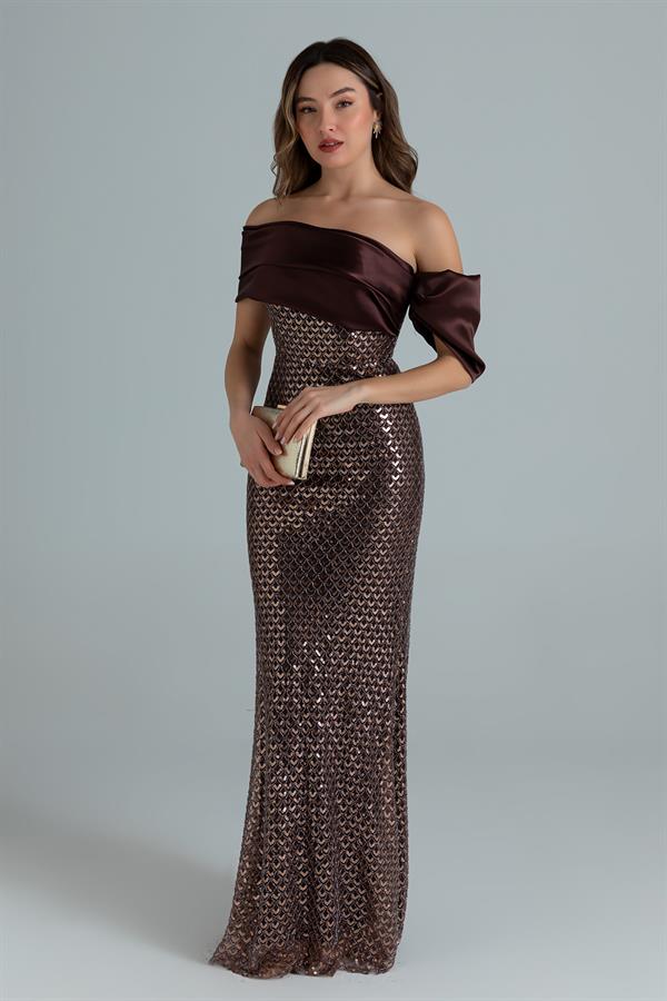 Payetli Tasarım Abiye - KAHVERENGİ