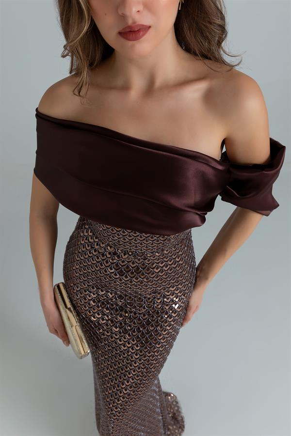 Payetli Tasarım Abiye - KAHVERENGİ