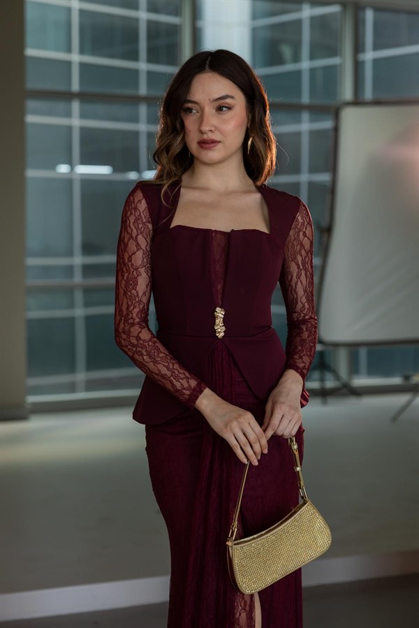 Peplum Detaylı Dantel Abiye - BORDO