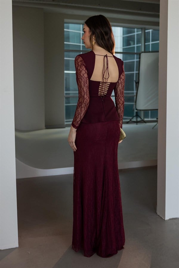 Peplum Detaylı Dantel Abiye - BORDO