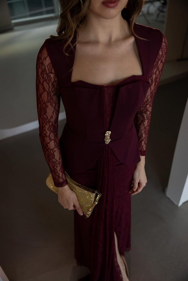 Peplum Detaylı Dantel Abiye - BORDO