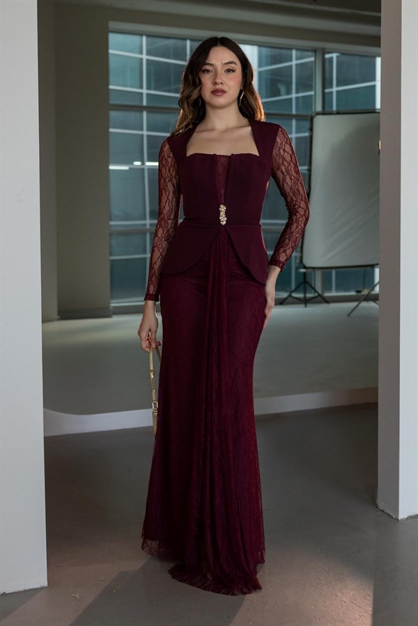 Peplum Detaylı Dantel Abiye - BORDO