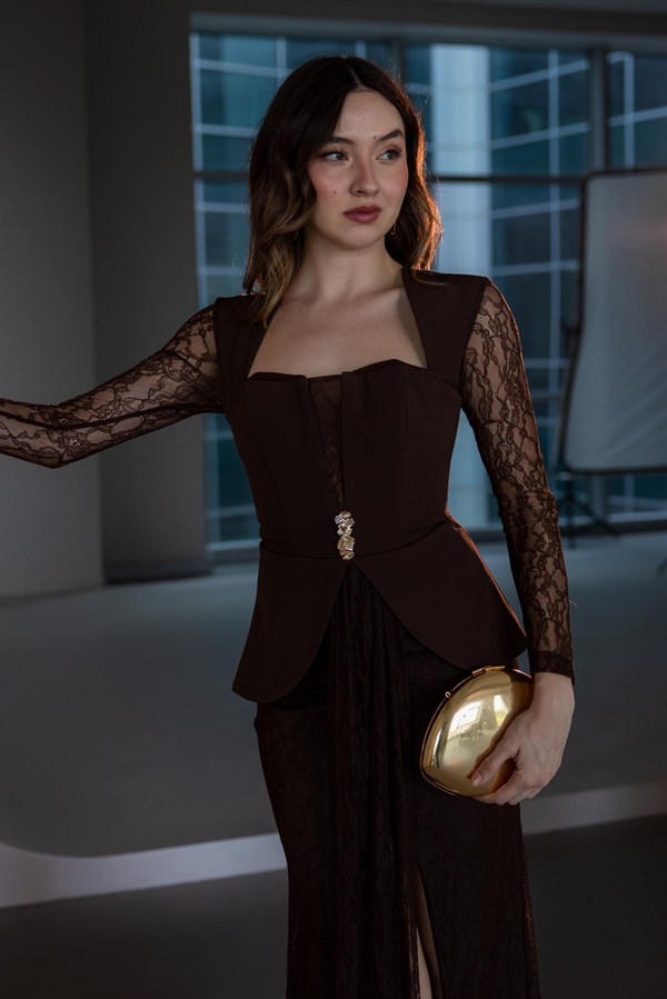 Peplum Detaylı Dantel Abiye - KAHVERENGİ