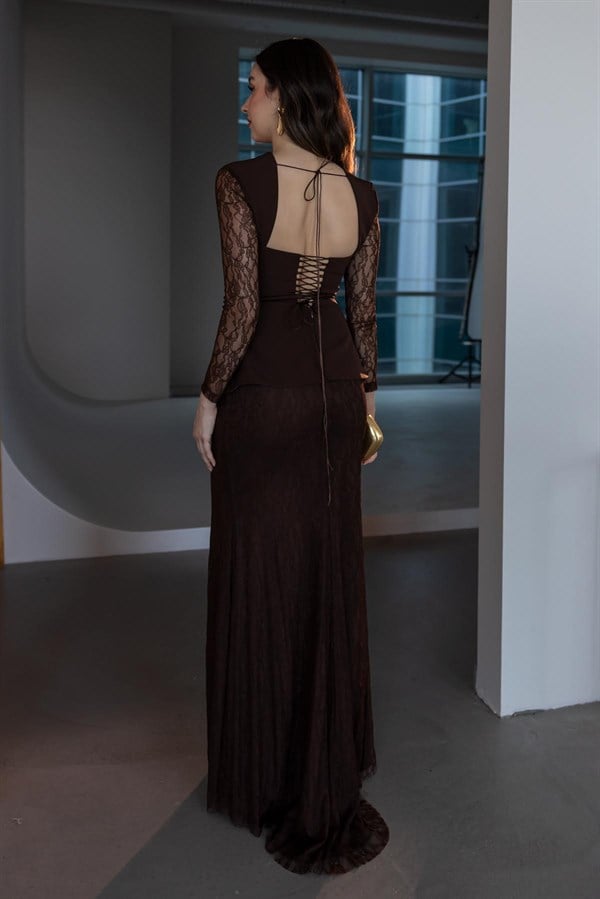 Peplum Detaylı Dantel Abiye - KAHVERENGİ