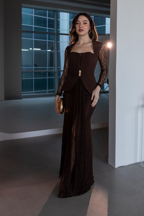Peplum Detaylı Dantel Abiye - KAHVERENGİ
