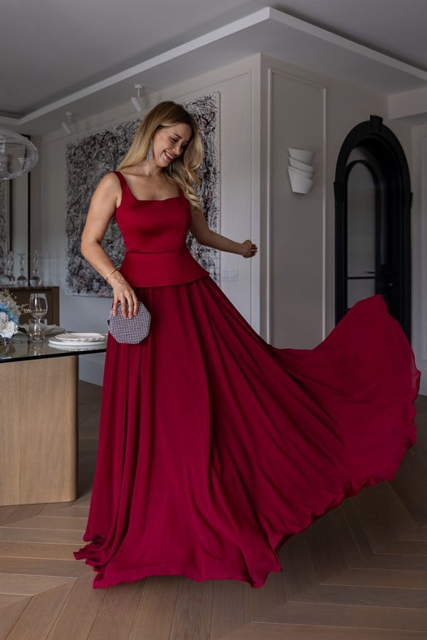 Peplum Detaylı Şifon Etekli Abiye - BORDO