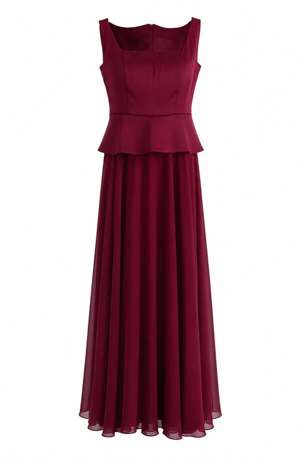 Peplum Detaylı Şifon Etekli Abiye - BORDO