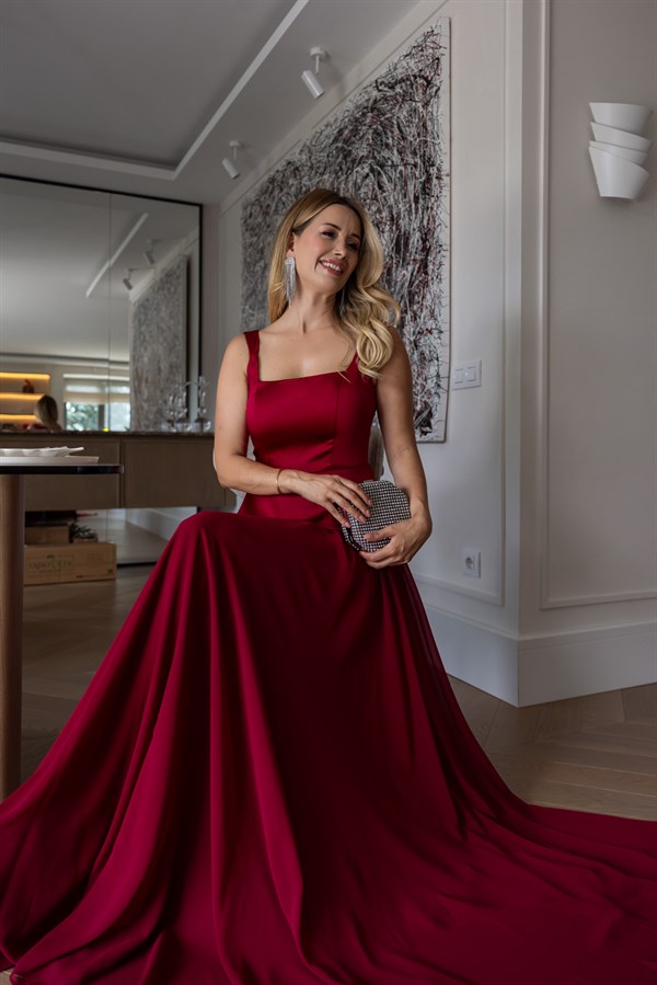 Peplum Detaylı Şifon Etekli Abiye - BORDO