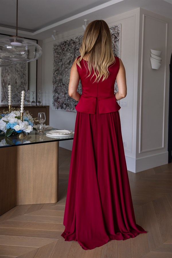 Peplum Detaylı Şifon Etekli Abiye - BORDO