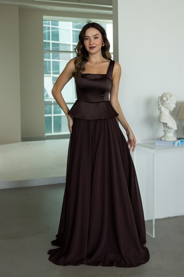 Peplum Detaylı Şifon Etekli Abiye - KAHVERENGİ
