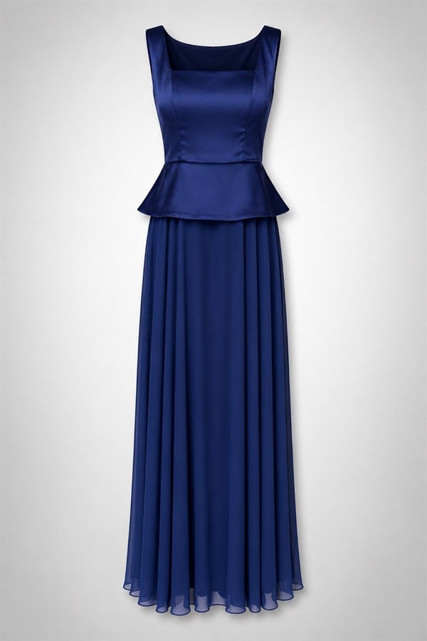 Peplum Detaylı Şifon Etekli Abiye - LACİVERT