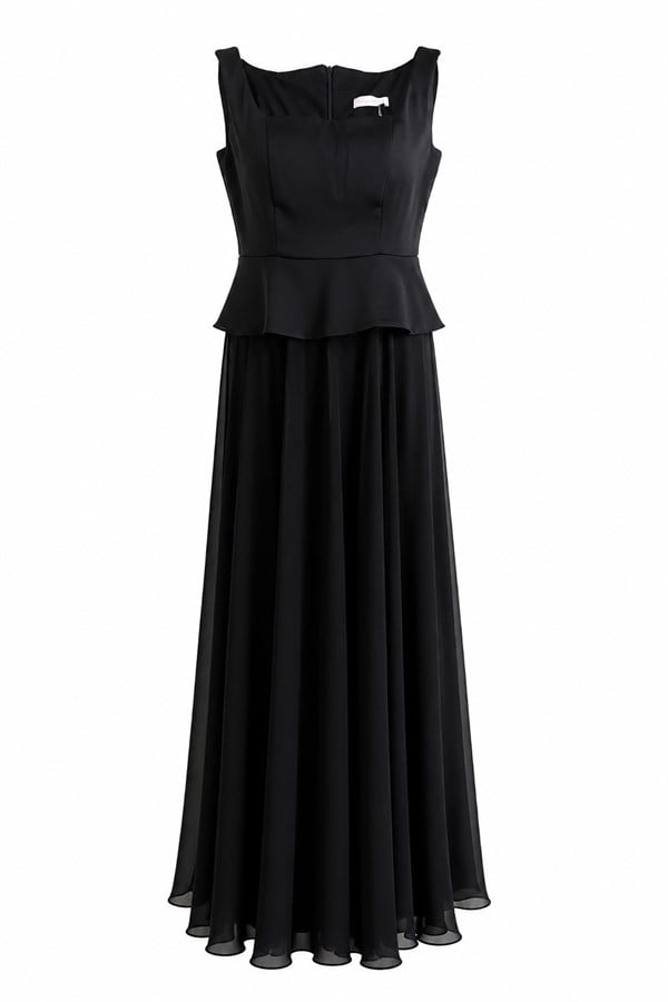 Peplum Detaylı Şifon Etekli Abiye - SİYAH