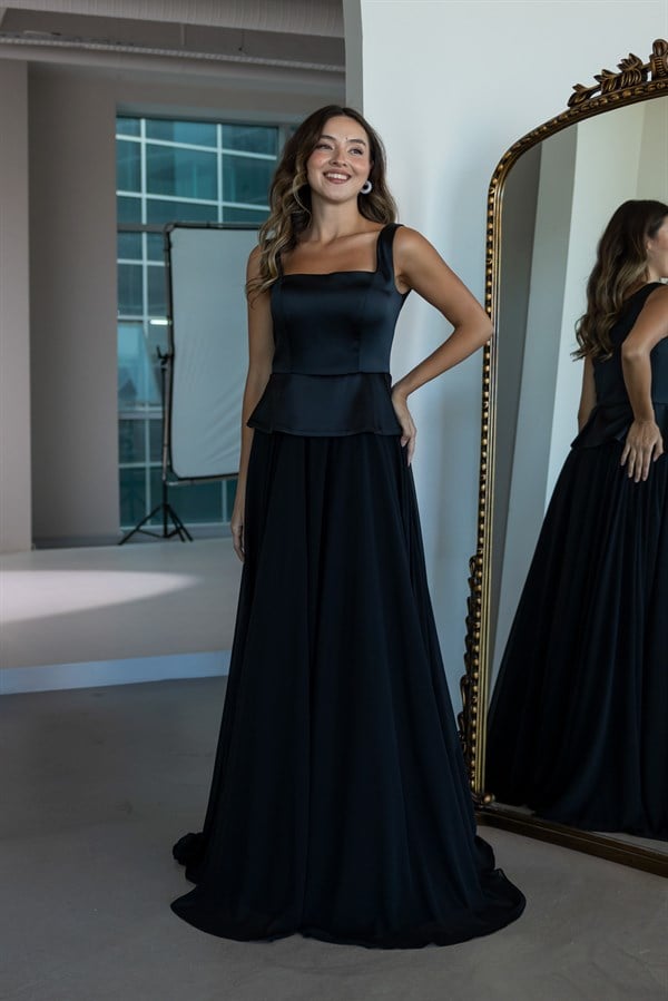 Peplum Detaylı Şifon Etekli Abiye - SİYAH