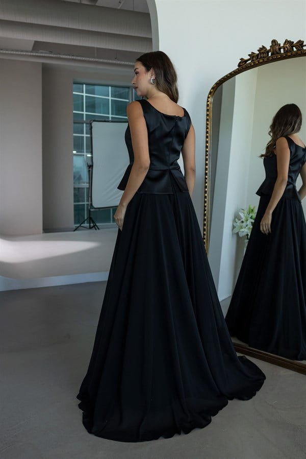 Peplum Detaylı Şifon Etekli Abiye - SİYAH