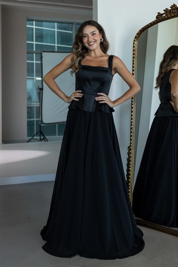 Peplum Detaylı Şifon Etekli Abiye - SİYAH