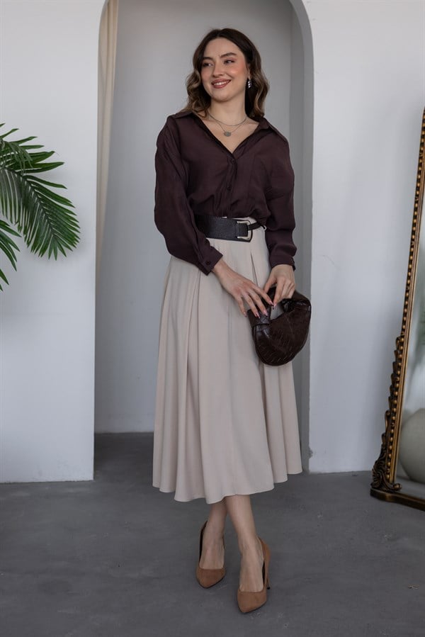 Pile Detaylı Vual Etek - KREM