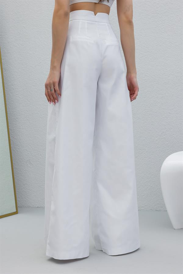 Pileli Palazzo Pantolon - BEYAZ