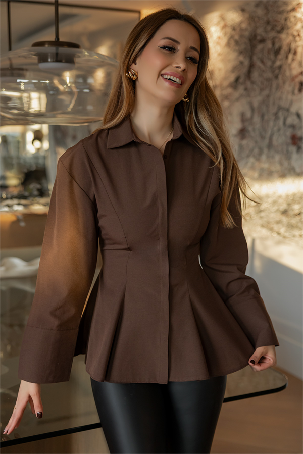Pileli Poplin Gömlek - KAHVERENGİ