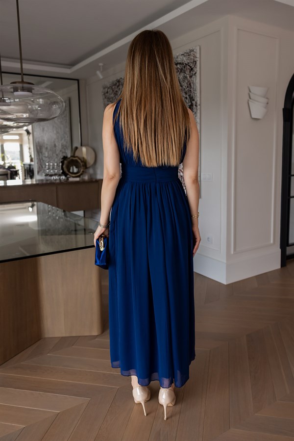 Pileli Şifon Elbise - LACİVERT