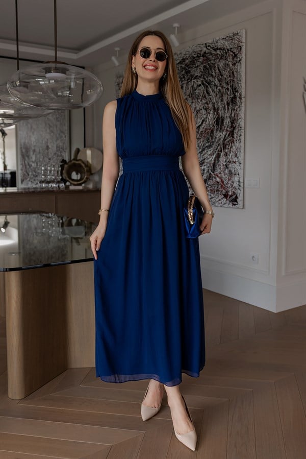 Pileli Şifon Elbise - LACİVERT