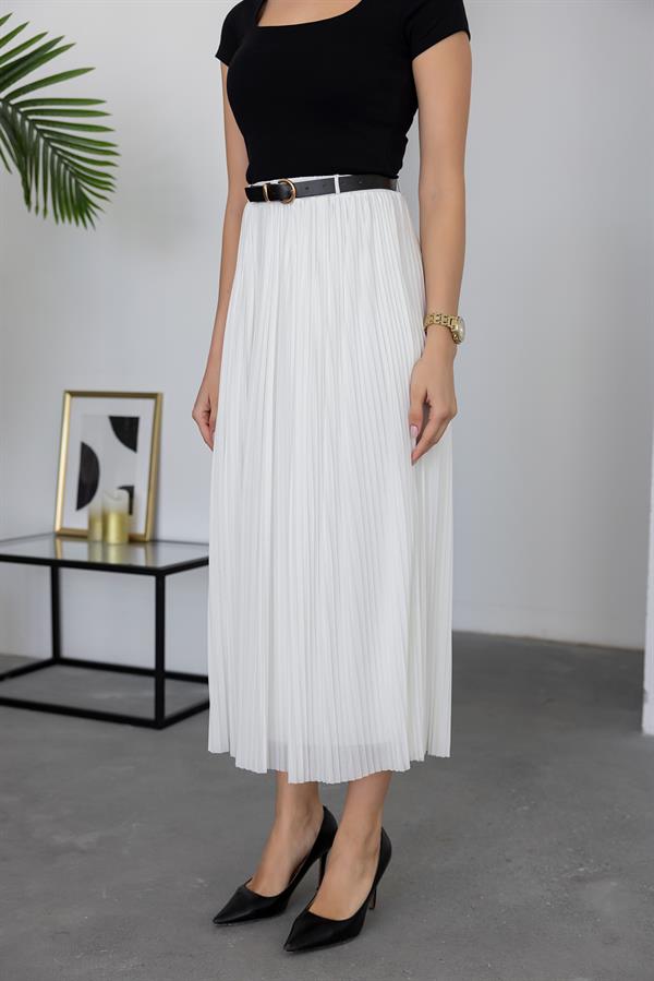Piliseli Kemerli Etek - BEYAZ